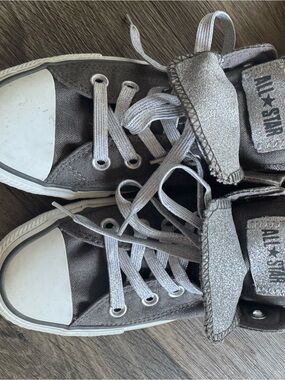 Converse Gray Canvas High-Top Sneakers with Silver Sparkle Bow